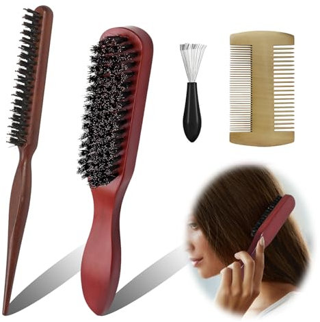 3Pcs Bristle Hair Brush Set - Slick Back Hair Brush, Wooden Beard Comb for Men, Double Sided Beard Grooming Comb, Teasing Brush for Wet Curly Damaged Hair, Back Combing Brush for All Hair Types Users
