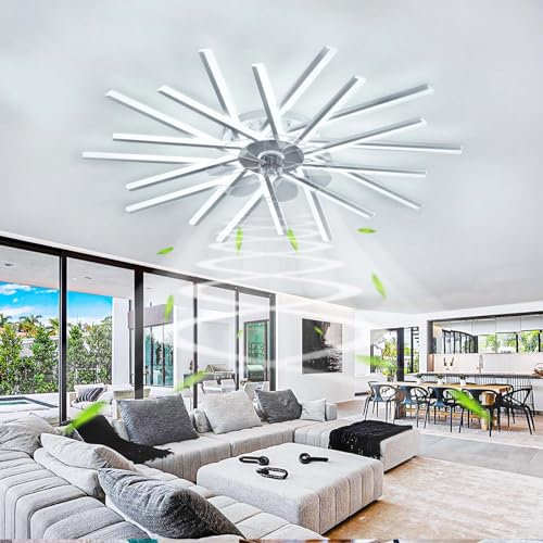 Ventilador de techo blanco de 6 hojas de 114 cm con luces y mando a distancia - Regulable - Motor DC reversible - Para sala de estar y dormitorio - Funcionamiento silencioso - Diseño