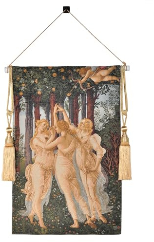 Medieval Vintage Tapestry Wall Hanging - Jacquard Art Replica of Three Nymphs & Cupid，Woven Aesthetic Complete Set with Tassels, Telescopic Rod, Rope & Hooks for Bedroom & Living Room Decor (27x42) (Yellow：Spring - inspired Soft Tones of Three Nymphs)