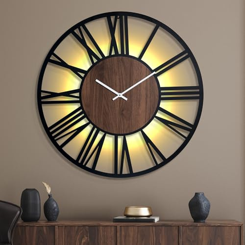 Mee 2ou Große Wanduhr mit Nachtlicht – 80 cm Metall Uhr mit leiser Ticktick, LED-Licht im Dunkeln, Vintage Holzoptik für Wohnzimmer Loft Büro Schlafzimmer Küche