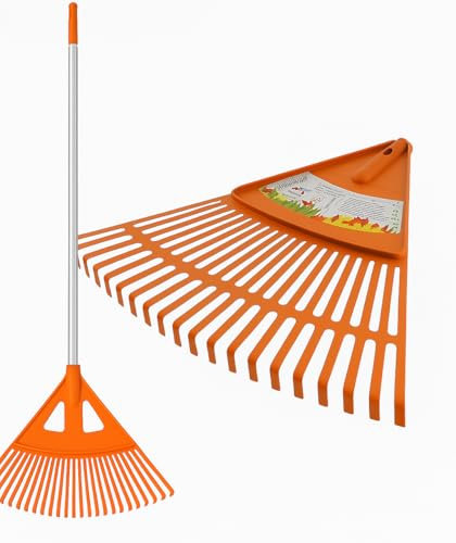 Garden Leaf Rake, 43 cm Fan Head, 140 cm Aluminium Handle, Orange