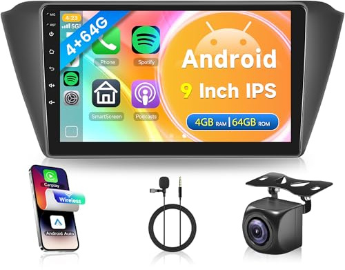 Rimoody 4G+64G Wireless Carplay Android Autoradio für Skoda Fabia 3 III 2015-2019 9 Zoll Touscreen Autoradio mit Wireless Android Auto Navi GPS WiFi Bluetooth FM/RDS Radio 32 EQ/SWC/USB Rückfahrkamera