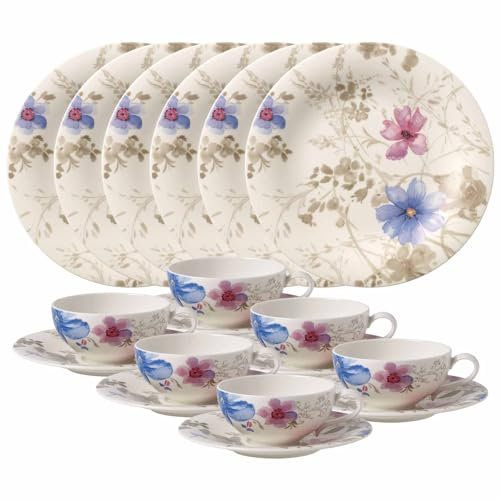 Villeroy & Boch Mariefleur Gris Basic Service à thé 18 pièces | Tasses à thé (120 ml), soucoupes (16,7 cm), assiettes à petit-déjeuner (21,5 cm) pour 6 personnes | Porcelaine de qualité supérieure