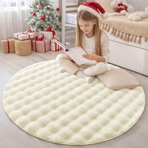 Homaxy 3D Bubble Waschbar Klein Teppich Wohnzimmer 120 cm Rund, Creme | Antirutsch Waschbar Teppich, Weich Flauschig Teppiche fürs Kinderzimmer, Schlafzimmer
