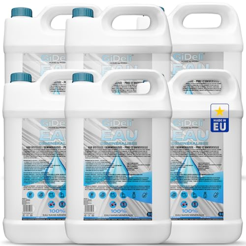 GiDeli Destilliertes Wasser 6 x 5 L Kanister - Vollentsalzt - Für Werkstatt | tragbare Einheiten für getrennte Stellplätze, kalkfrei für Dampfgerät, Aquarium und Kühlsystem, Griff zum Ausgießen