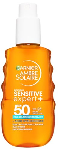 Garnier Ambre Solaire Sensitive Expert+ Eau Solaire Hydratante SPF50 200ml | Bi-Phase, Acide hyaluronique, Visage Corps & Cheveux, Triple résistance Eau Sueur et Sable, Non gras, Cheveux doux, Parfum 8h