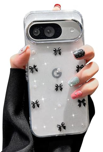EYZUTAK mobiltelefonskal för Google Pixel 9a, Glittrande 3D Bowknot telefonfodral Söt Glitzande Kristall Klar Slinga Designfodral Slank Mjuk TPU Transparent Skyddsfodral - Svart Slinga