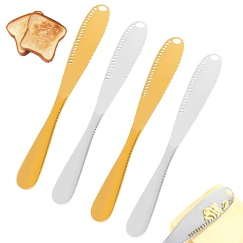 Qusmeiyici 4PCS Butter Spreader Knife, 3 in 1 Stainless Steel Butter Knives with Holes, Serrated Edge Spreader Knife for Kitchen Restaurant Cheese Butters Jam
