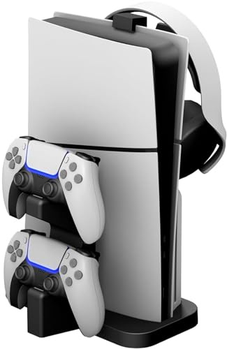 NBCP PS5 Slim Vertical Stand with Charging Dock,Charges Two DualSense Controllers Simultaneously,Includes Headset Holder,Integrated Cooling and Storage Accessory Stand for PS5 Slim Disc & Digital