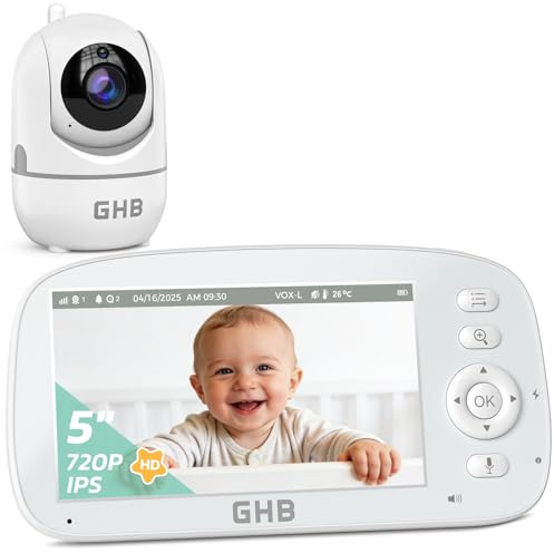 GHB Baby Monitor Video e Audio 5'' 720P Schermo 5000mAh, 350°/110°, Rilevamento della Temperatura, VOX, Interfono Bidirezionale, Ninnenanne Integrate