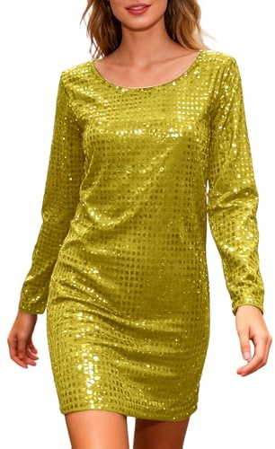 Generisch Mini vestido ajustado con lentejuelas y cuello redondo elástico de manga larga – el atuendo perfecto para fiestas y actuaciones, dorado, talla única