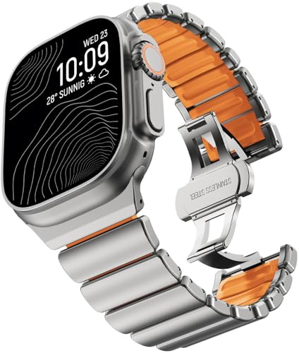 CHANCHY Metallarmband kompatibel mit Apple Watch Ultra 49mm 46mm 45mm 44mm | Metall-Silikon Dual-Layer Gliederarmband für iWatch Ultra 3 2 1/Series 11 10 9 8 7 6 5 4 3 2 1 SE für Damen Herren