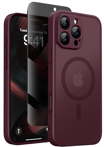 Magnetische Hülle für iPhone 16 Pro mit Sichtschutzfolie,Rotwein | [Kompatibel mit MagSafe][Stoßfest und langlebig &Magnetkraft]Halbtransparent Matte iPhone 16 Pro Handyhülle