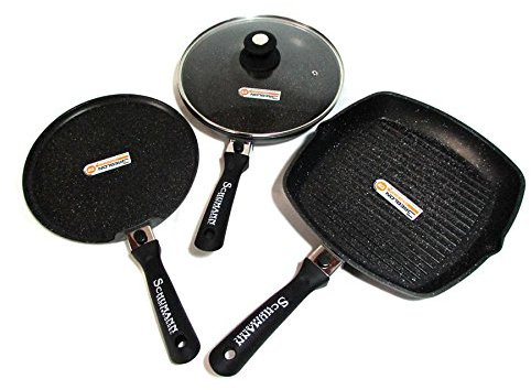 Schumann Professionnel - Lot de Poêle, Crêpière et Grill 28cm - Compatibles Tous feux dont Induction - Fonte d'Aluminium Sans PFOA - Manches Amovibles en Silicone - Couvercle Inclus