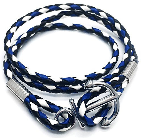 COOLSTEELANDBEYOND Män pojkar tre-varv marin ankare vira armband armband med blå vit nautisk sjöman läderremmar, 23.23 inch, Läder, Ej tillämpbar