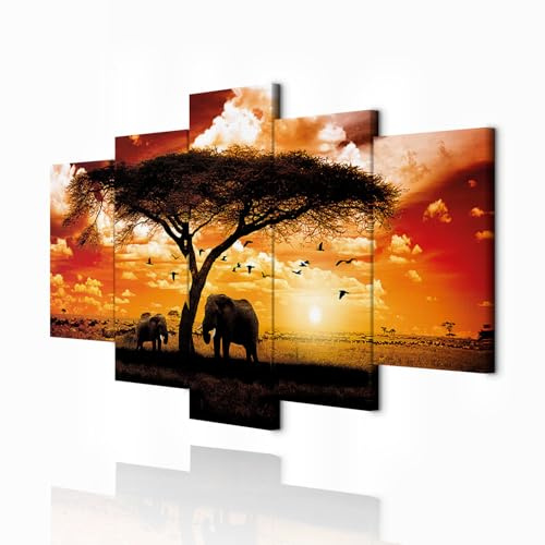 decomonkey Wandbilder Afrika Tiere 200x100 cm 5 Teilig Leinwandbilder | Bild auf Leinwand, Kunstdruck, Wanddeko, Wohnzimmer, Wanddekoration