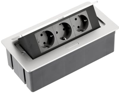 GTV Möbelsteckdose versenkbar 3-fach Schuko, Aluminium, Soft-Touch, 3600W, mit 1,5 m Netzkabel, für Küche, Büro, Werkbank