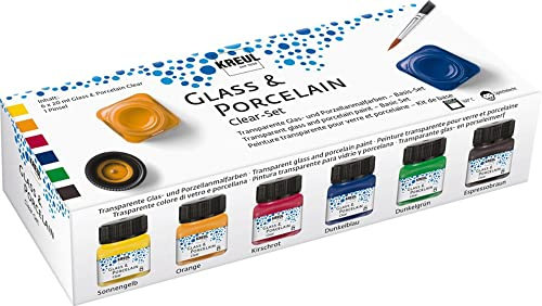 KREUL 16601 - Glass & Porcelain Set Clear, 6 x 20 ml in gelb, orange, rot, blau, grün und braun sowie ein Pinsel, transparente, glasklare Glas- und Porzellanmalfarbe auf Wasserbasis