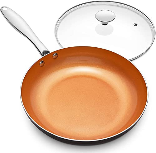 MICHELANGELO Frying Pan with Lid - Nonstick Ceramic Titanium Coating, 20CM Small Copper Skillet, Ceramic Fry Pan
