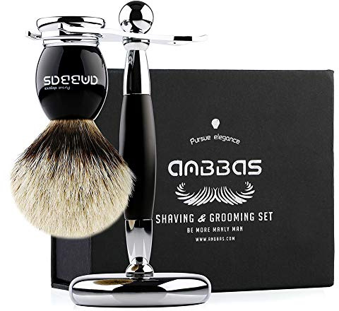 Anbbas Kit de Blaireaux silvertip de Rasage avec Porte Blaireau Rasiermesser Stehen pour Homme