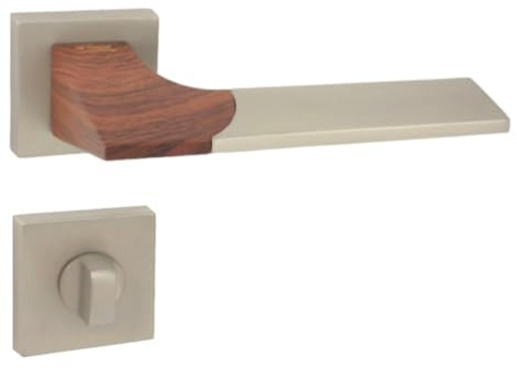 domino Türgriff Drückergarnitur WC - Badezimmer Set | quadratische Rosette | für Badezimmertüren | Set WC - Rosetten-Garnitur | Türbeschläge aus Znal | Satin Nickel/Wood |LIKE QR M91/WOOD