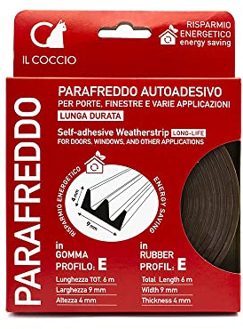 martini SPA - Il Coccio - Parafreddo Autoadesivo per Porte e finestre, in Gomma, Profilo E, Lunghezza 6m, Larghezza 0,9cm, Altezza 0,4cm, Colore Marrone, 85g, 1 unità - Made in Italy -