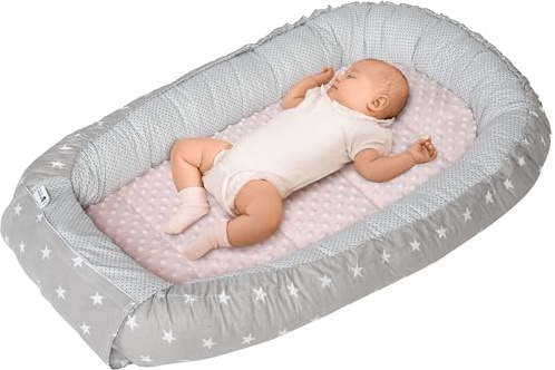 Medi Partners Nido Bebe Recien Nacido Reductor de Cuna - 100x60x15 Portátil o de Viaje de Colecho anticolicos Bilateral Bebés 100% Algodón Minky (Estrellas Blancas sobre Gris con Rosa Claro)