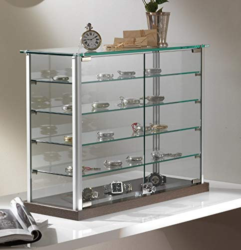 Kleine Aufsatzvitrine Glas T 25 x B 65 x H 50 cm - Tischvitrine Alu abschließbar - dunkler Holzunterbau wenge - Glasvitrine für Ausstellungen oder Messen - ohne Beleuchtung