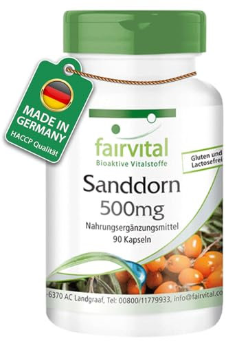Fairvital | Sanddorn Kapseln - 90 Kapseln - mit 500mg Sanddorn-Frucht - HOCHDOSIERT - VEGAN