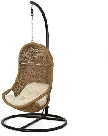 Christopher Knight Home Marcus Outdoor Wicker Hanging Chair with Stand, Light Brown and Beige