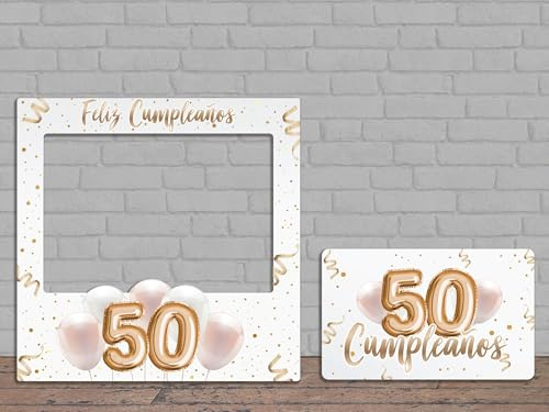 Oedim Photocall + Cartel Feliz 50 Cumpleaños | 80x80cm, 61x37,5cm | Regalos para Cumpleaños | Photocall Económico y Original | Ideas para Regalos | Regalos Personalizados de Cumpleaños
