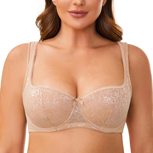 MELENECA Balconette-bh för kvinnor med vadderad rem Halvkopp bygel Sexig spets Beige 95C