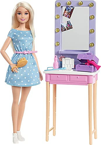 Barbie GYG39: Big City, Big Dreams “Malibu” Roberts Doll (11.5-in, Blonde) and Backstage Dressing Room Playset with Accessories, Gift for 3 to 7 Year Olds, Multicolor