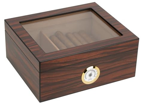Eitida Sigari Humidor Custodia Contiene 25-50 Sigari,Superiore in Vetro Temperato, Scatola Portaoggetti Artigianale in Legno di Cedro Spagnolo con Divisorio,Umidificatore e Igrometro,Marrone Macassar