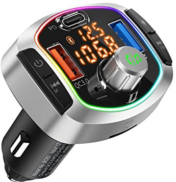 Lettore MP3 per Auto TYKEVO Trasmettitore FM Bluetooth per Accendisigari di Auto con 2 Porte USB (Ricarica Rapida QC 3.0, Pen Drive) Tipo C PD TF Slot per Scheda Display con Tensione della Batteria