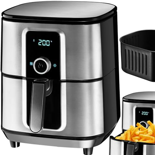 tectake® Heißluftfritteuse XXL -90% weniger Öl, 10,2l Fassungsvermögen, Touchscreen-Display, Airfryer mit 8 Programmen, Heissluftfritteuse ohne Fett und Öl, Zubehör Rezeptheft - silber