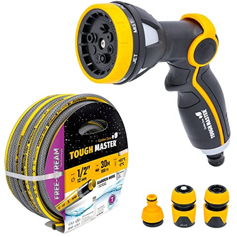 Garden Hose Reinforced Outdoor Watering Accessories for Garden Water Feature, Pressure Washer, Garden Sprinklers, DIY Tools Tough Master (100FT + Spray Gun)