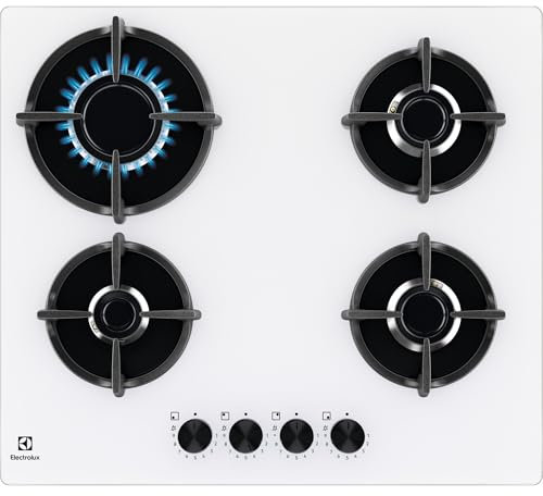 Electrolux Piano Cottura Gas EGG64272W Serie 600 Gas on Glass 60cm da Incasso, 4 Fuochi, Bruciatore Rapido, Bruciatore Wok, Precisa Regolazione della Fiamma, Sicurezza Sicurgas, 590x520cm, Bianco