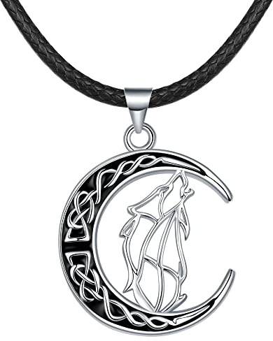 REIOT Wolf Necklace Men, Viking Moon Wolf Pendant with Faux Leather Cord Chain, Nordic Amulet Necklace Men