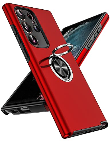LeYi for Samsung Galaxy S23 Ultra Phone Case, Shockproof Protective Cover | Invisible Metal Ring Stand Holder Tough Shockproof Protective Phone Cover for S23Ultra - Red