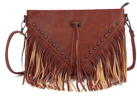 EVEOUT Axelväska med tofsar matt mocka fransväska damer mode frostad sammet hobo-väska tofsar handväska, Bruna nitar, 32.5 x 22.5 x 2 cm, hobo