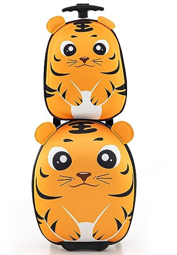 DREAMADE 2tlg. Kinderkoffer Set, Kinderkoffer mit Rucksack, Reisekoffer Jungen & Mädchen, Kindergepäck mit Rollen, Kindertrolley Handgepäck Kinder Flugzeug (Orange-Tiger)