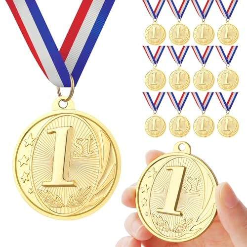 GeeRic 12pz Medaglie d'oro Medaglie per Bambini/Studenti/Giocatore/Atleta Medaglie in Metallo con Nastro Collo Vincitore di Medaglie per Concorso/Sport/Festa Decorazione