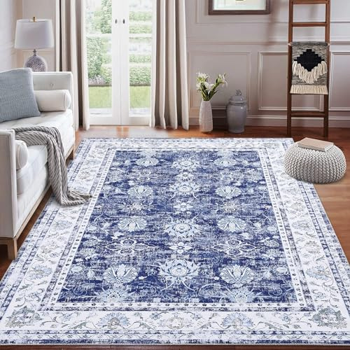 LuxFocus Tapis lavable pour salon, 120 x 170 cm, style oriental vieilli, antidérapant, style rétro, pour chambre à coucher, salle à manger, maison, bureau, bleu marine