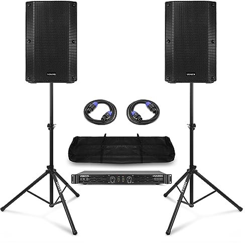 VONYX VSA10P Passive PA System with VDA1000 Amplifier, 1000W 10-Inch Passive Loudspeakers, Speaker Stands, NL2 Cable – Ideal for DJs, Live Music & Events