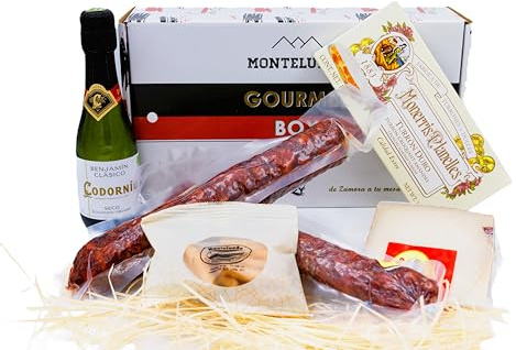 MONTE LUEÑO Cesta Navidad Regalo - Surtido de embutidos naturales con Salchichón, Chorizo, Queso, Turrón, Cava, Picos. Regalo ideal para empresas, familia o amigos
