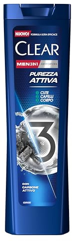 Clear Shampoo Purezza Attiva 3in1, Shampoo Antiforfora con Carbone Attivo e Acido Ialuronico per Capelli, Cute e Corpo, Shampoo Uomo, Fino a 100% Protezione dalla Forfora*, Formato 225ml