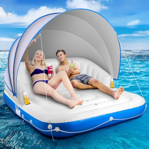 Lunalazeo Inflatable Canopy Island, Floating Raft Lounge with SPF50+ Sunshade, 2-3 Person 440LBS Capacity for Lake Pool River