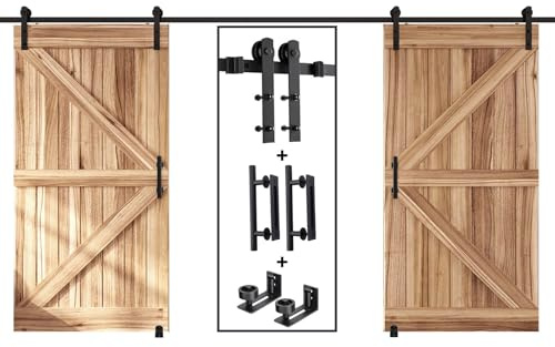 EaseLife 14 FT Double Sliding Barn Door Track and Handle Hardware Kit,Straight Pulley,Slide Smoothly Quietly,Easy Install (14FT Track Kit for 40~42 Wide Double Door)