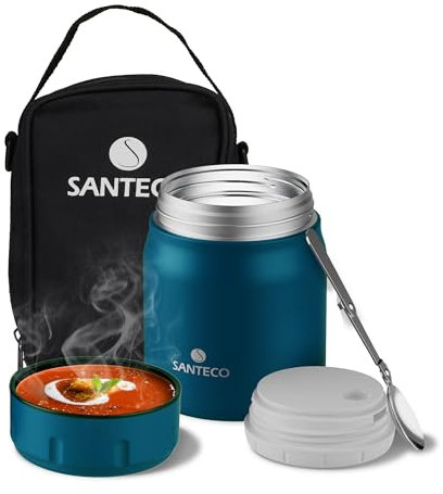SANTECO Thermobehälter für Essen 500 ml, 18/8 Edelstahl Warmhaltebehälter Speisegefäß für Essen, Thermobecher Essen mit Löffel und Tragbarer Tasche, 12 Stunden Heiß & Stunden Kalt(Blau)
